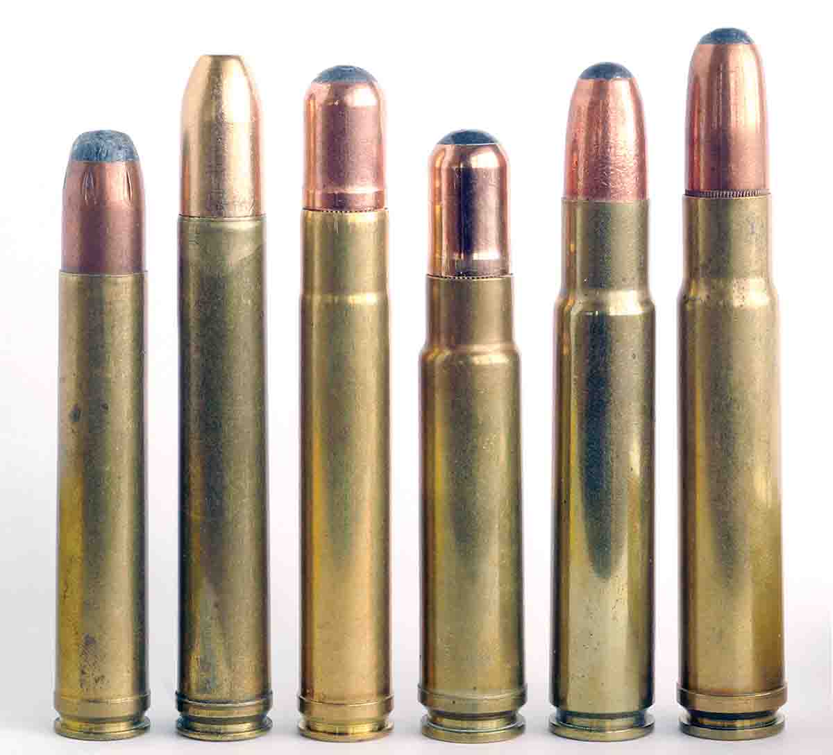 Modern .450s (left to right): .458 Winchester Magnum, .458 Lott, .450 Ackley, .460 Short A-Square, .450 Dakota and .460 Weatherby Magnum.